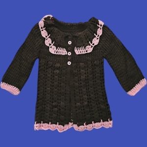 VTG 70s Girl's Brown Pink Handmade Crochet Cardigan Sweater